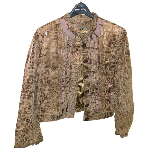 Pamela McCoy Gold Crocodile Embossed Leather Jacket With Satin Lining Size L - Picture 1 of 16